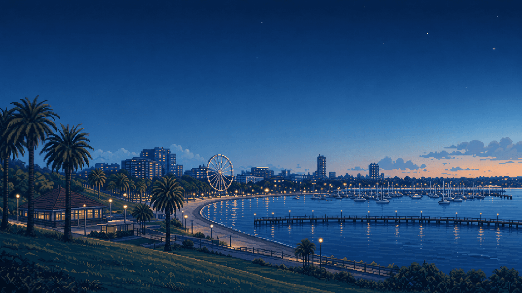 Pixel-art view across Geelong's Eastern Beach waterfront at dusk